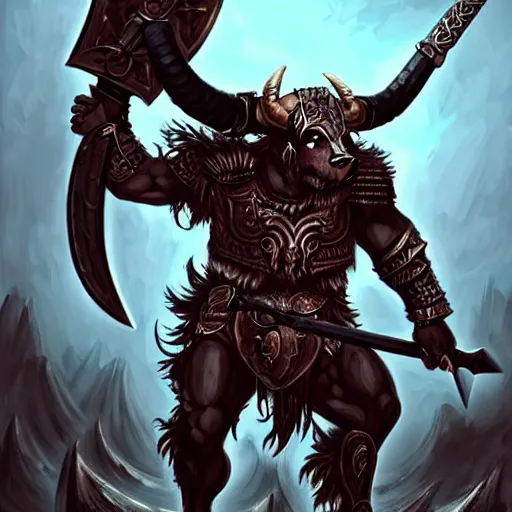 Image similar to epic bull headed minotaur beast in heavy ornate armor wielding giant axe, artwork, concept art, greek mythology, detailed, modern design, dark fantasy, digital painting, artstation, d&d