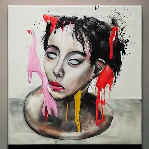 Image similar to “ a portrait in a female art student ’ s apartment, sensual, a pig theme, dreamy, art supplies, paint tubes, ikebana, herbs, a candle dripping white wax, black walls, squashed berries, berry juice drips, acrylic and spray paint and oilstick on canvas, surrealism, neoexpressionism ”