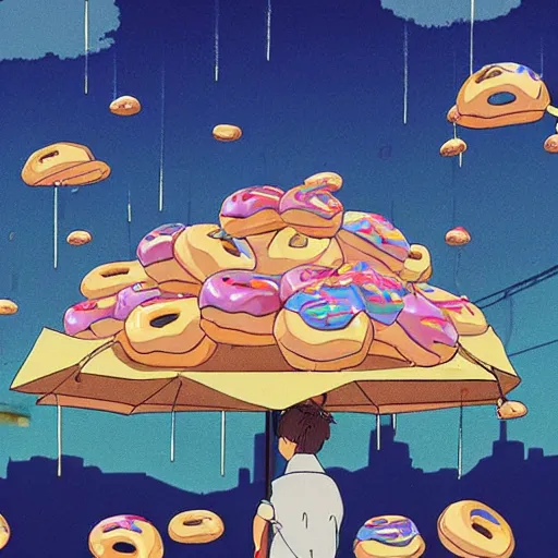 Image similar to raining donuts on a city in a studio ghibli animation