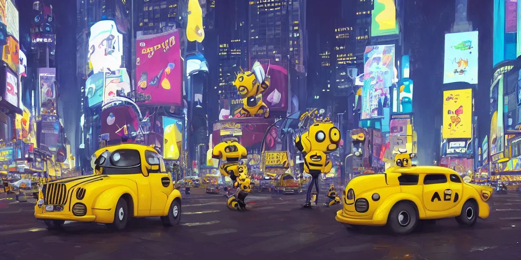 Image similar to cute cartoon bumblebee person in Times Square at night by Goro Fujita and Simon Stalenhag and Matt groening,8k, trending on artstation, hyper detailed, cinematic