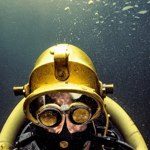 Prompt: a head and shoulders portrait of a man with an old gold diving helmet on underwater in murky water.