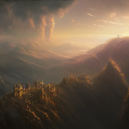 Prompt: Golden palace above the clouds, dreamy landscape, Darek Zabrocki, Karlkka, trending on Artstation, 8K