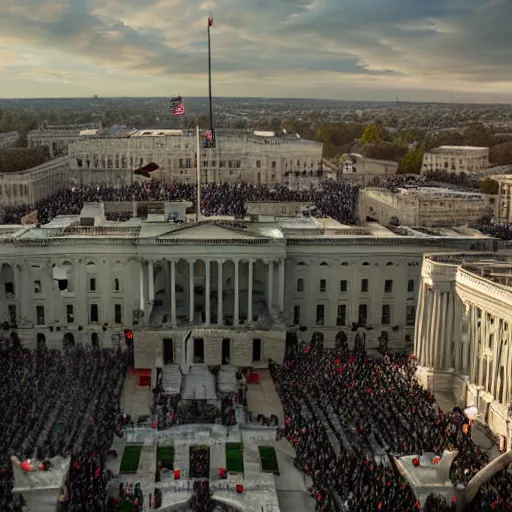 Image similar to capitol riot, View from the top of white house with many people rioting below, hyper-realistic, ultra-detailed, high resolution, HDR shot, cinematic lighting