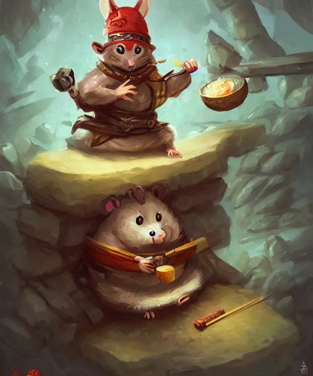 Image similar to anthropomorphic hamster ninja eating sushi, ninja outfit, standing in a buddhist temple, cute and adorable, dnd character art portrait, well rendered matte fantasy painting, deviantart artstation, by jason felix by steve argyle by tyler jacobson by peter mohrbacher, cinematic lighting