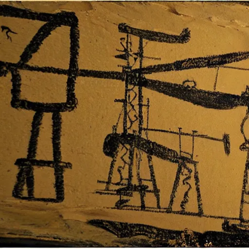 Image similar to cave drawings of an oil rig,