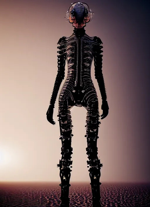 Image similar to desert, catwalk, iris van herpen gothic inflateble dark dress, perfect symmetrical body, helmet on face, full body shot, inflateble shapes, wires, tubes, veins, jellyfish, white biomechanical details, wearing epic bionic cyborg implants, masterpiece, intricate, biopunk, vogue, highly detailed, artstation, concept art, cyberpunk, octane render