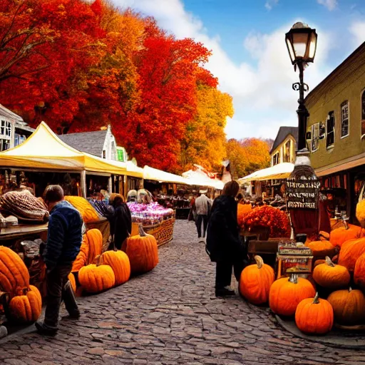 Image similar to pumpkin people selling goods at a market in a vermont town square, fall foliage, cobblestone streets, new england colonial buildings, intricate details, sharp focus, digital art, hyper realistic, 4 k, unreal engine, highly detailed, hd, dramatic lighting by brom, trending on artstation