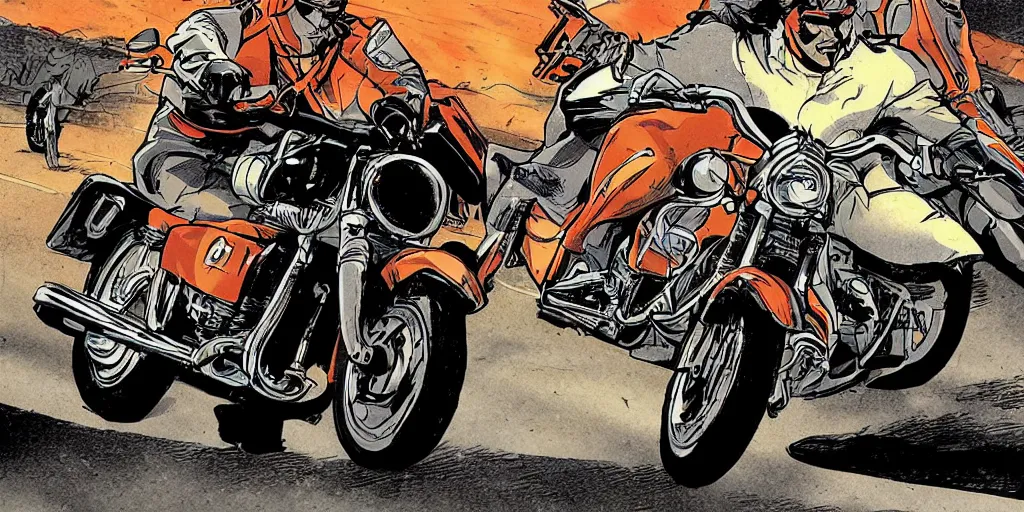 Image similar to motorcycle chase battle highway style of a graphic novel