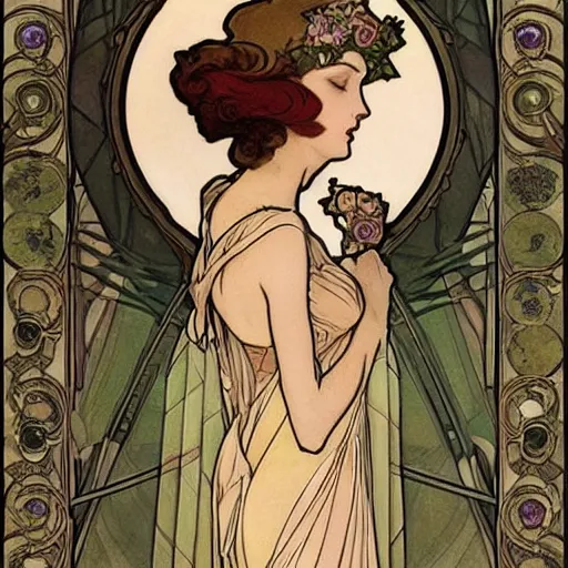 Prompt: modern woman in beautiful dress. mucha style. epic composition. highly detailed.