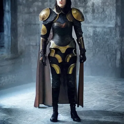 Prompt: Katie McGrath as Morgana wearing a suit of medieval-style magic power armor