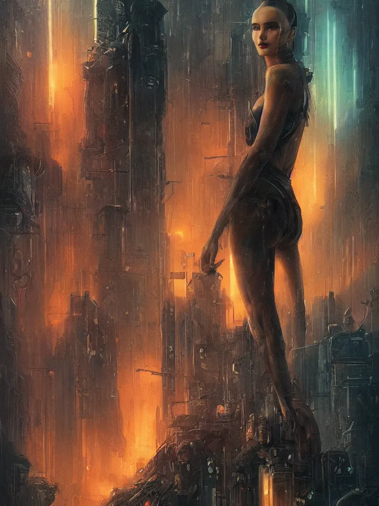 Image similar to a hyperrealistic cyberpunk portrait of a gorgeous woman in the movie Bladerunner 2046, with dead trees and orange pollution, award-winning, masterpiece, in the style of Tom Bagshaw, Cedric Peyravernay, Peter Mohrbacher