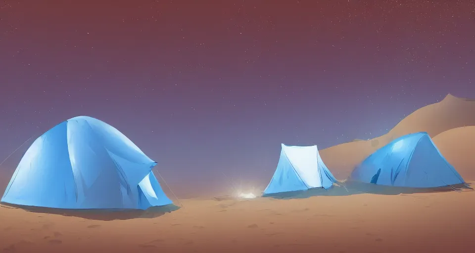 Image similar to small tent in the desert with dunes at night, blue color scheme, artstation, cgsociety