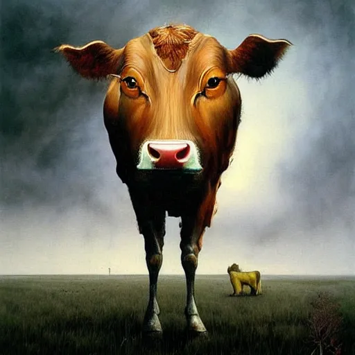 Image similar to photorealistic cow with cat head by Esao Andrews , Zdzislaw Beksinski