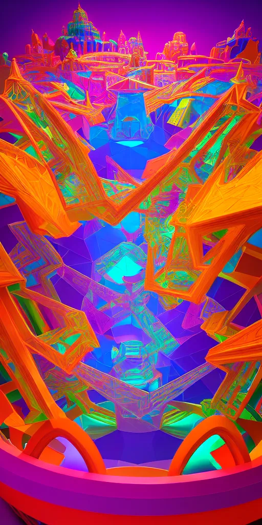 Prompt: a hyperdetailed acrylic painting of vibrant vectors forming impossible twelve dimensional shapes that transcend space and time, ambient occlusion, 3 d model, magical realism inspired by ancient architecture of thailand, trending on artstation, unreal engine 5, 8 k render, highest quality,