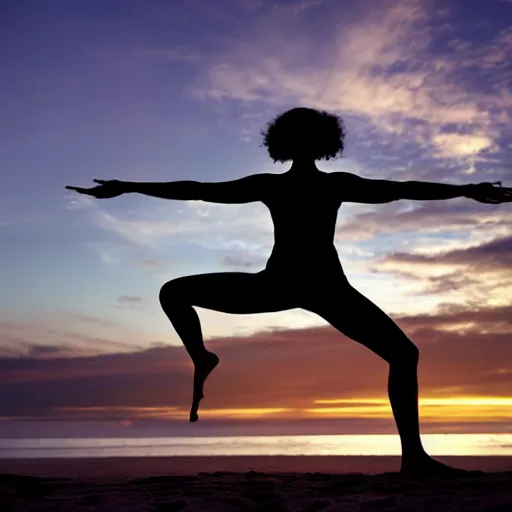 Prompt: silhoutte of woman doing yoga on the beach, photo