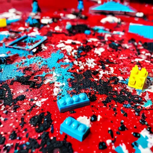 Prompt: photo of a lego set splattered with blood, shiny dark red blood splatter