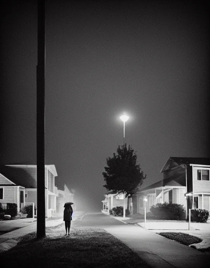 Image similar to “ quiet american neighborhood at night, a woman waiting with a black umbrella, photography in the style of gregory crewdson, mist, rule of thirds ”