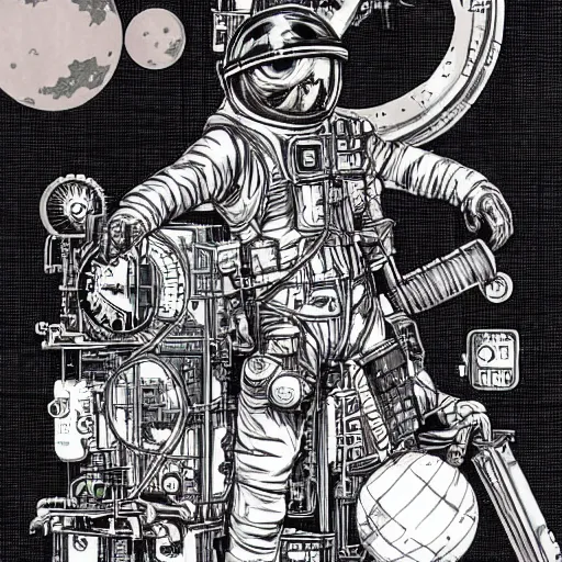 Prompt: Moon landing, Steampunk, by Yusuke Murata