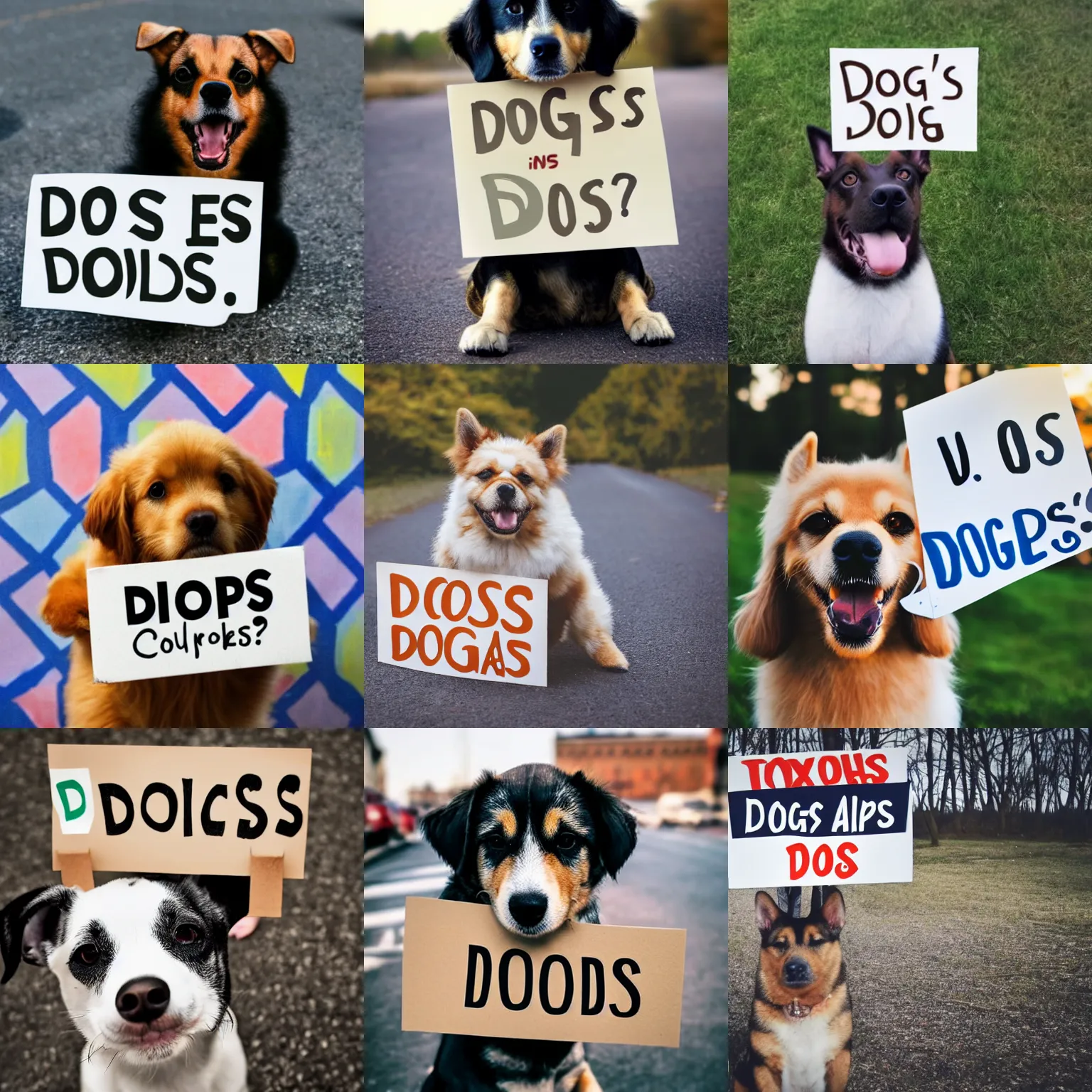 Image similar to realistic high quality photo of a cute dog holding a sign with text that reads : dogs