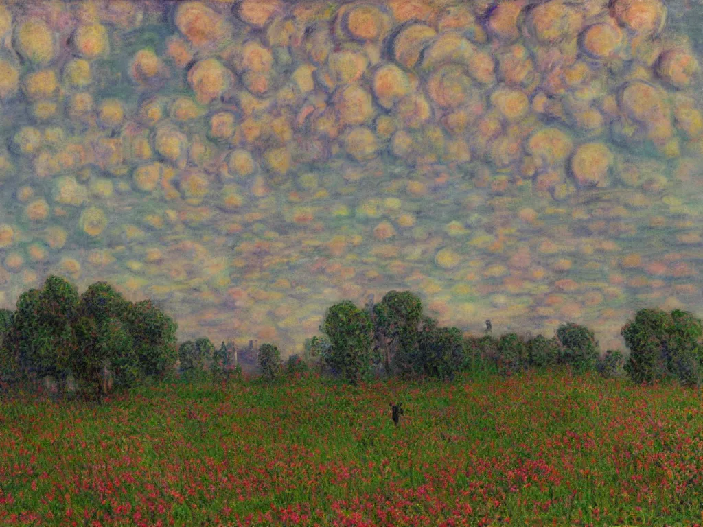 Image similar to astragalus on the psychedelic burial mound, mammatus cloud, paintinb by simon stalenhag, claude monet