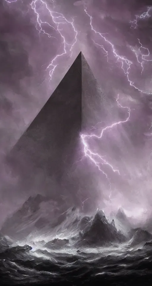 Prompt: black lovecraftian eldritch!! obsidian pyramid!! on a snowy island surrounded by raging stormy seas, purple light, with a large shadow of a creature in the background by eugene von guerard, ivan shishkin, night, red lightning!!, storm!, dramatic lighting, concept art, trending on artstation, 8 k