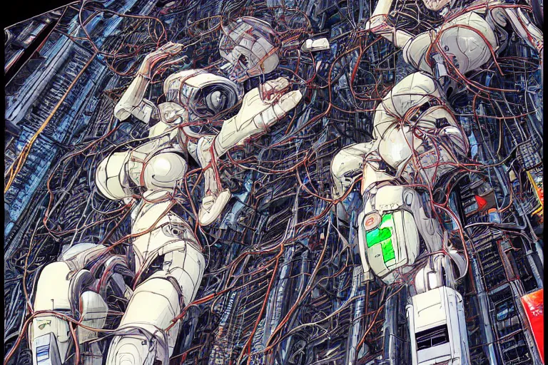 Image similar to an intricate, awe inspiring cyberpunk illustration of a female android body lying open on a labor floor, wires and cables coming out, by masamune shirow and katsuhiro otomo ((colorful))