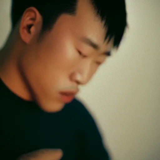 Image similar to Closeup of a young handsome asian man crying, sad, soft lighting, captured in low light, sharp focus, detailed, cinestill 800t
