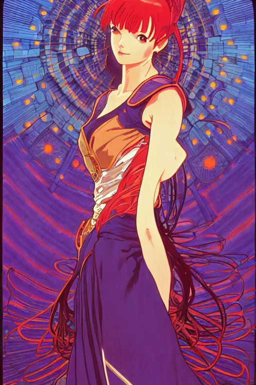 Prompt: fantasy heroine, symmetrical, detailed, Studio 4°C, makoto shinkai, yuya nagai, Ilya Kuvshinov, murata range, kawaii, vibrant bright colors,matte, japanese, beautiful, alphonse mucha, jean giraud, high saturation, fantasy, 1990s