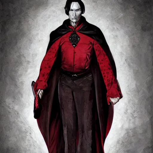 Image similar to mads mikkelsen as a vampire, male, late - 4 0 s aged, shoulder length hair, slicked black hair, red eyes, clean shaven, wearing a cape, regal, royal, grim facial expression, high medieval fantasy, full color digital art, concept art, wide shot.