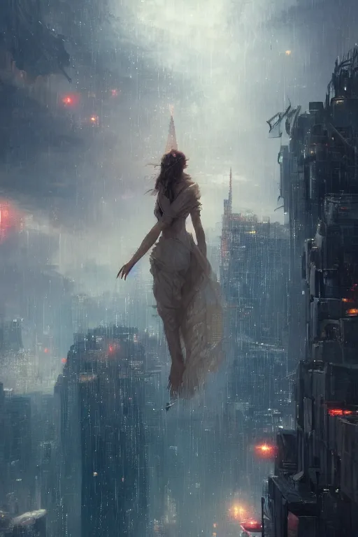 Prompt: godess of artificial intelligence floating above a city, sharp focus, by rozalski, by greg rutkowski, cinematic, cinematic shot, megalophobia, award winning, trending on artstation