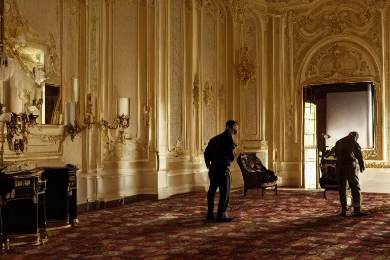 Image similar to cinematography of detectives investigating a crime scene in an decadent palace foyer by Emmanuel Lubezki