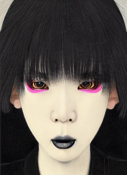 Prompt: portrait of a japanese woman with a crooked nose and a confident expression, 1 9 6 0 s, black clothes, goth, punk, brightly coloured hair, funk, intricate, elegant, highly detailed, digital painting, artstation, concept art, smooth, sharp focus, illustration, art by wlop, mars ravelo and greg rutkowski