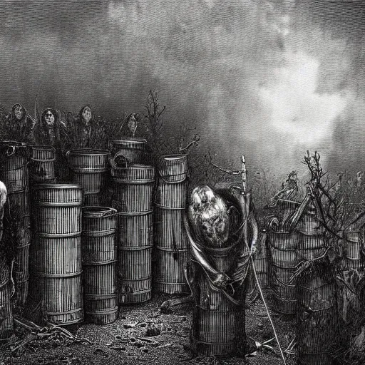 Image similar to 9 steel barrels in a graveyard, zombies, creepy atmosphere, dark, portrait, realistic, very realistic, illustration by gustave dore