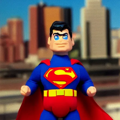 Prompt: toy photography. Superman action figure against a city backdrop. Claymation. 1992. Cover of Nintendo Power