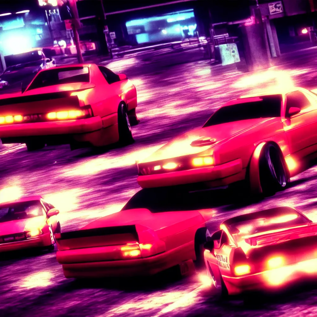 Prompt: need for speed underground 2, single car, drifting, vhs aesthetic, 9 0 s aesthetic, nice lighting, retrowave,