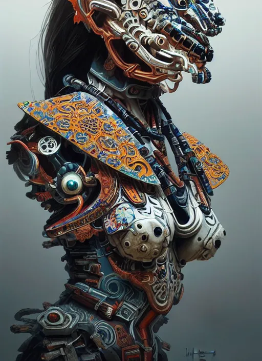 Image similar to portrait of a machine from horizon zero dawn, machine face, upper body, decorated with chinese opera motifs, asian, traditional chinese art, intricate, elegant, highly detailed, digital painting, artstation, concept art, smooth, sharp focus, illustration, art by artgerm and greg rutkowski and alphonse mucha, 8 k