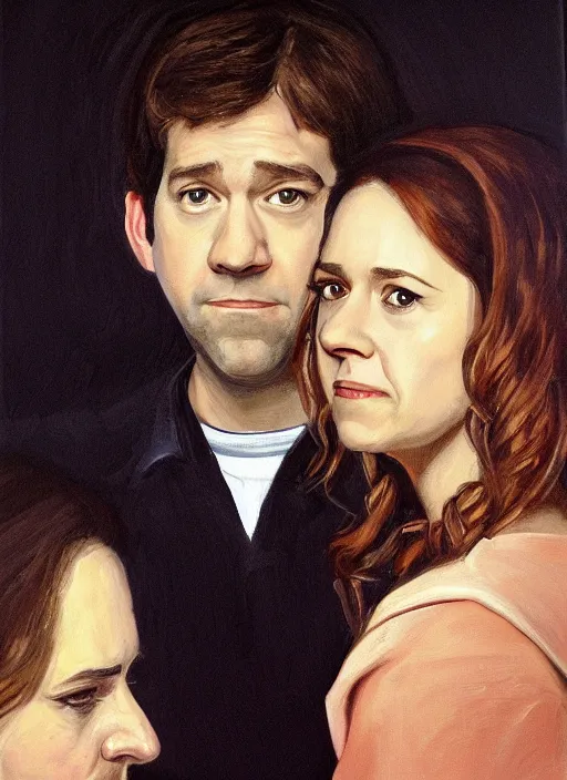 Prompt: portrait painting of jim halpert and pam beesly, dark background, in the style of caravaggio