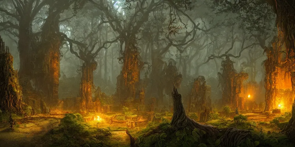 Prompt: an ancient elven city in the forest, by Andreas Rocha + Ted Nasmith, dark, cinematic lighting, masterpiece, highly detailed, 8k resolution, trending on art station