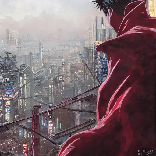 Image similar to tetsuo observing the ruins of neo - tokyo, red cape, akira | anime, matte painting, dystopian megacity neo - tokyo akira, shaded perfect, fine details. realistic shaded lighting anime manga artwork by katsuhiro otomo, akira, artgerm, jeremy lipkin and michael garmash and rob rey