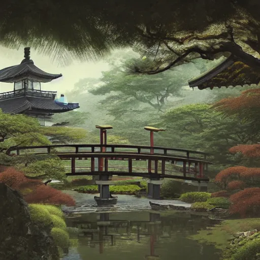 Image similar to A detailed scene of a traditional japanese garden with a tea house and bridge, beautiful, digital painting, concept art, serene, by Greg Rutkowski and Magali Villeneuve