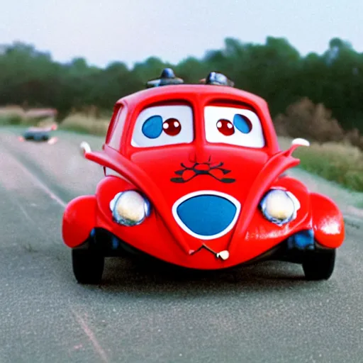 Image similar to a hybrid lady bug and'herbie the love bug'car. location of the old fashioned drive - in diner. imax, 7 0 mm, movie still