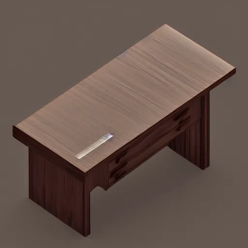 Image similar to a 3 d object of the wooden desk, isometric game, mobile game, object is centralised, mohamed chahin, blender cycles render, solid colours material, no background and shadows