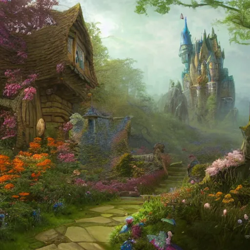 Image similar to A beautiful digital painting of a fantasy castle tower standing alone in the wood covered in flowers, mushrooms and moss with a door and windows and a front path and garden in the shire by Stanley Artgerm Lau, frank frazetta, Rossdraws, James Jean, gerald brom, Andrei Riabovitchev, Marc Simonetti, and Sakimichan, trending on artstation, SFW version