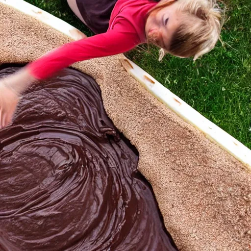 Image similar to adult sliding down chocolate pudding slip n slide legs first, professional photo taken at the park