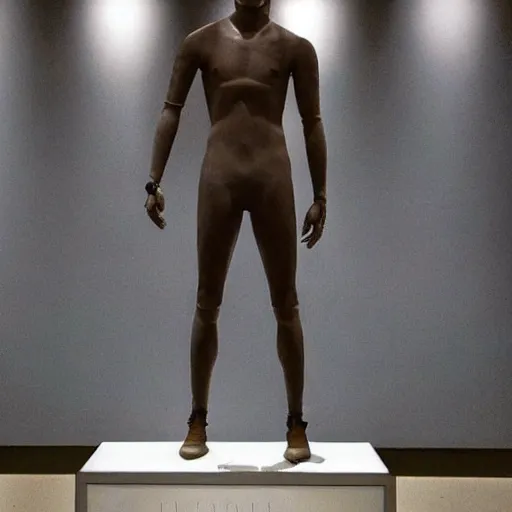 Image similar to “ a realistic detailed photo of a guy who is an attractive humanoid who is half robot and half humanoid, who is a male android, soccer player antoine griezmann, shiny skin, posing like a statue, blank stare, at the museum, on display ”