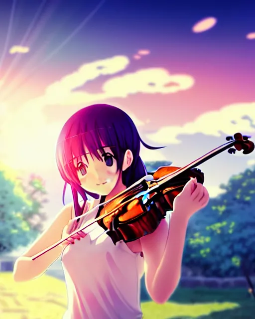 Image similar to anime style, creative, full body, a cute girl with white skin and long pink wavy hair holding a violin and playing a song, heavenly, stunning, realistic light and shadow effects, happy, centered, landscape shot, happy, simple background, studio ghibly makoto shinkai yuji yamaguchi