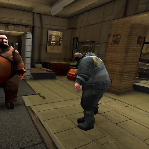 Prompt: the fat gabe newell finishing the debelop of the half life 3 game, ending the trilogy, photography