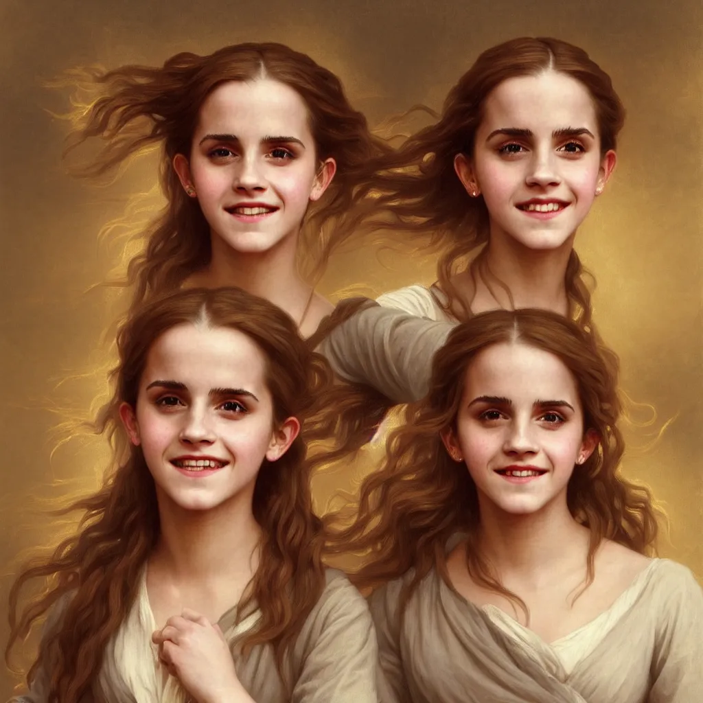 Image similar to Painting of Emma Watson as Hermione Granger. Wearing Hogwarts!!! robes!!!. Smiling. Happy. Cheerful. Art by william adolphe bouguereau. During golden hour. Extremely detailed. Beautiful. 4K. Award winning.