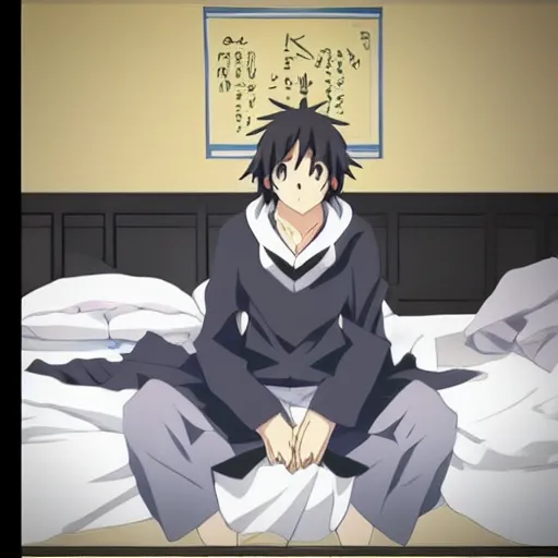 Image similar to “Hikigaya Hachiman sitting on his bed”