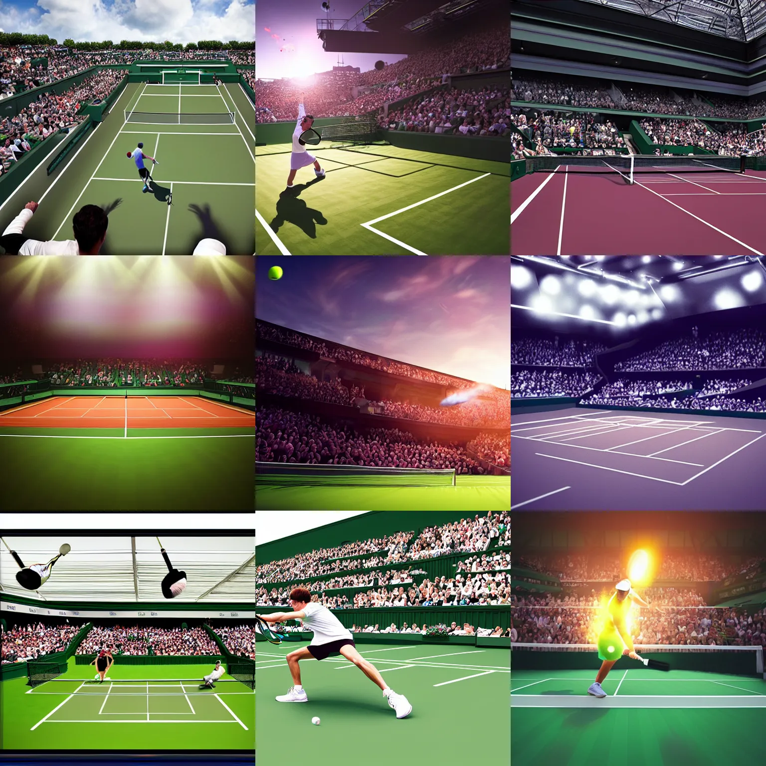 Prompt: photorealistic art of a tennis player smashing the ball on center court at wimbledon, dynamic lighting, space atmosphere, hyperrealism, stunning visuals